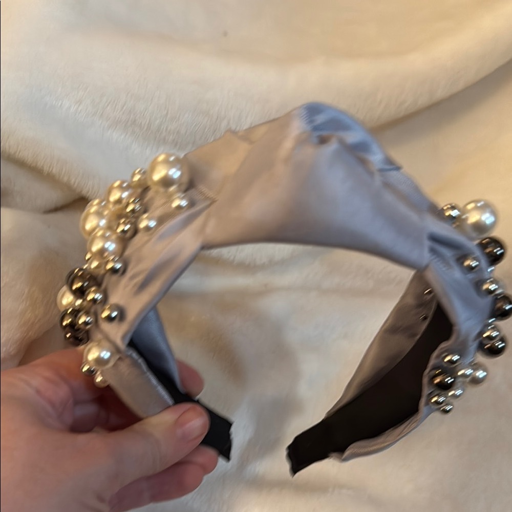 Silver Satin Hair Accessory with Gold Embellishments